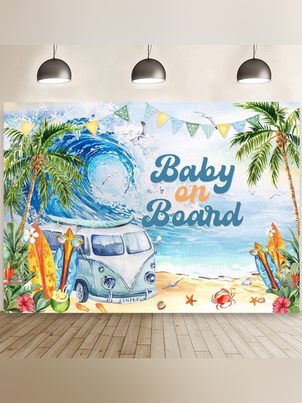 Baby on Board Beach Backdrop - Blue Tropical Party Banner 7x5ft